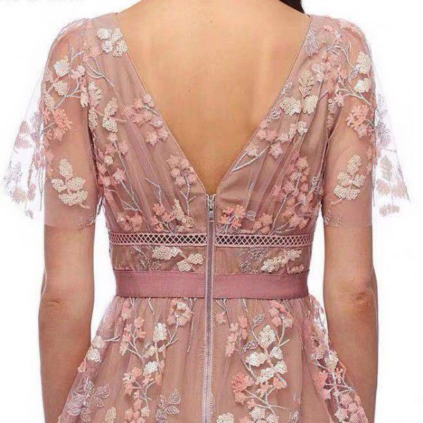 Pink Flower Sequins Beaded High Waist V-Neck Elegant Long Dress Holiday Party Heavy Work Embroidery Dress