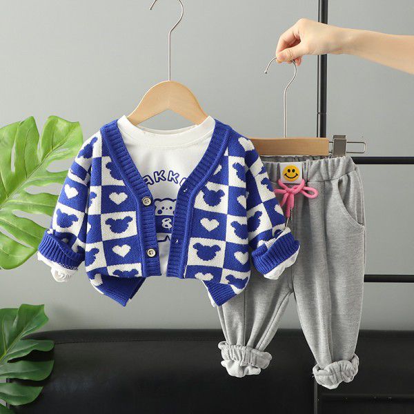 Children's autumn style girls' knitted cardigan jacket printed long sleeved T-shirt casual pants three piece set trend