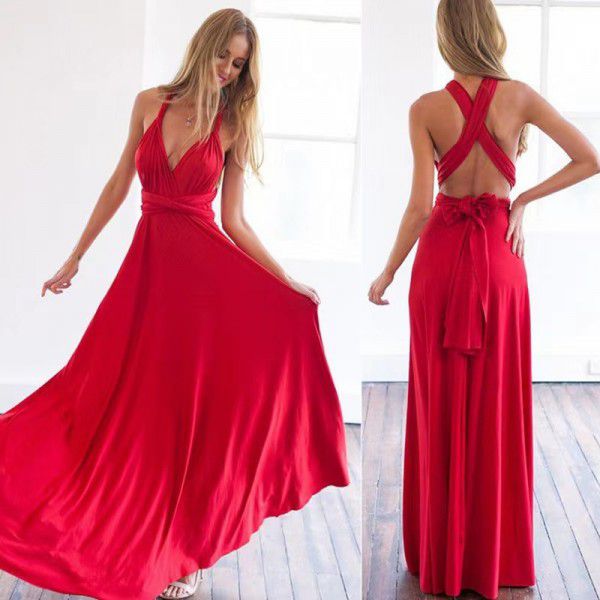 Solid Color Diversified Dressing Method Sexy Lacing Red Dress Long Dress Bridesmaid Dress
