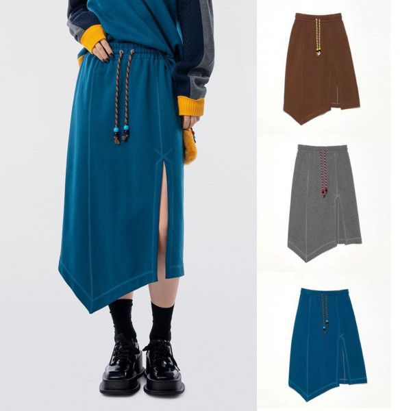 Simple and casual design, irregular split drawstring A-line half skirt, women's slim half skirt