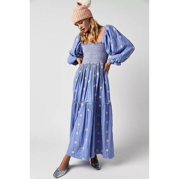 Autumn New Casual Flare Sleeves Embroidered Square Neck Sunflower Large Swing Dress