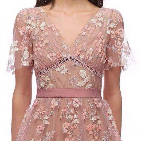 Pink Flower Sequins Beaded High Waist V-Neck Elegant Long Dress Holiday Party Heavy Work Embroidery Dress