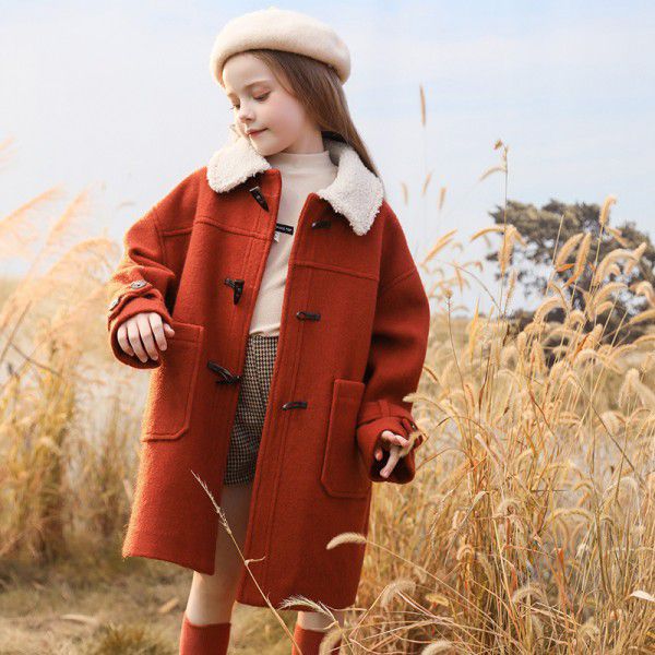 Girls' woolen coat, winter clothing, new children's coat, stylish, medium to long, thick cotton jacket for big children 
