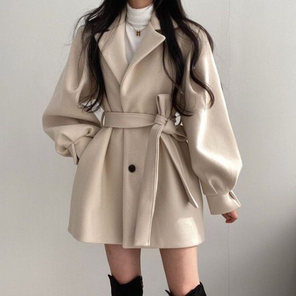 Thickened autumn and winter strapping temperament, small suit collar, medium length woolen women's coat jacket 