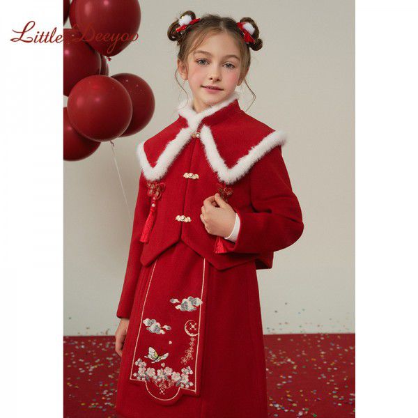 Girl Winter Girl Red Set Chinese Style Two Piece Set 