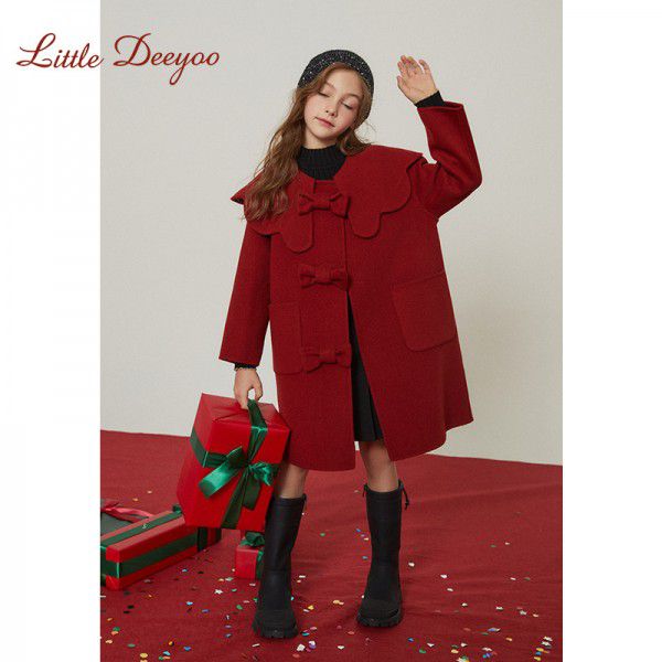 Girls' woolen coat new children's double-sided cashmere new year's red woolen coat for middle-aged and elderly children 