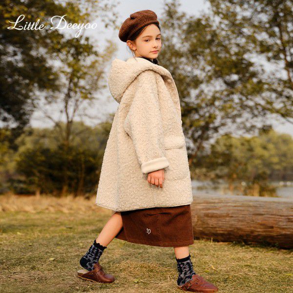 Girls' medium length granular plush jacket, winter new westernized style, children's lamb fur and fur all in one 