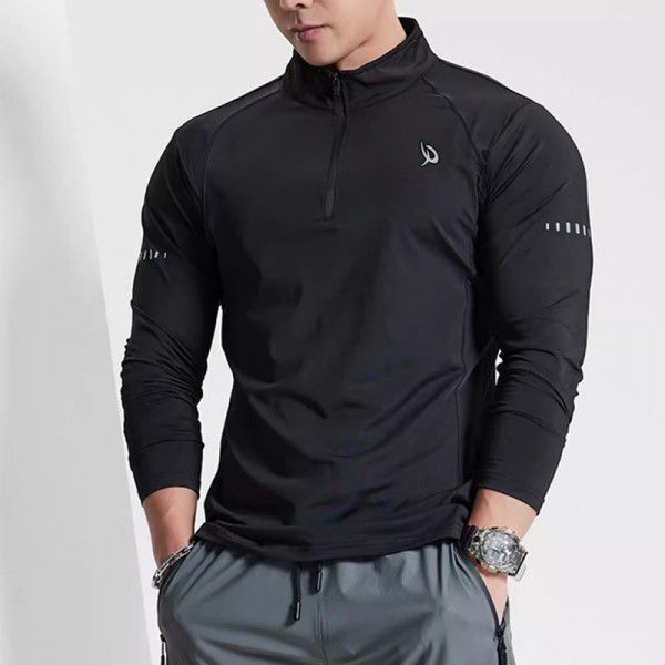 Sports long sleeved T-shirt for men's spring and autumn half zippered running and fitness training suit, breathable, sweat wicking, elastic standing collar, quick drying clothes