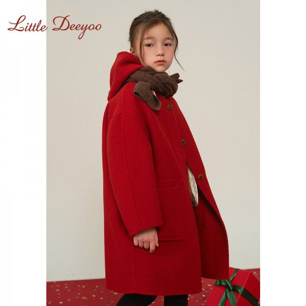 Girls' double-sided cashmere woolen coat, autumn and winter new children's middle and large children's new year red woolen coat 