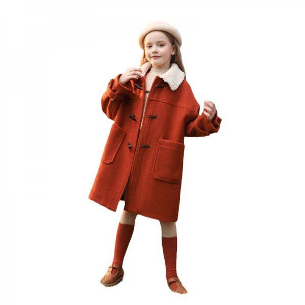 Girls' woolen coat, winter clothing, new children's coat, stylish, medium to long, thick cotton jacket for big children 