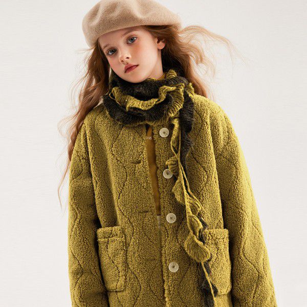 Girls' Sheep Fleece Coat Mid length Autumn/Winter New Mid size Children's Lamb Wool Thickened Coat 