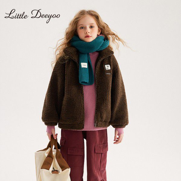 Xiao Ding You You Girls' Imitation Lamb Hair Coat Autumn and Winter New Big Children's Short Winter Loose plush Coat 