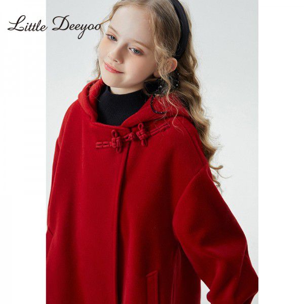 Girls' autumn/winter woolen coat, new winter style, children's Chinese style red button woolen coat 