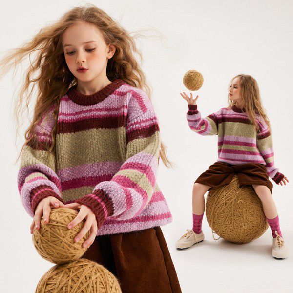 Girls autumn and winter warm sweater, winter new children's striped contrasting casual knit