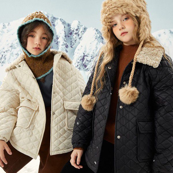 Girls' autumn and winter cotton clothing, big children's lamb wool collar jacket, children's western-style thin style cotton jacket trend 