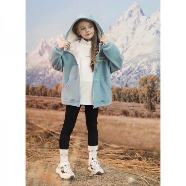 Girls autumn and winter Olympic fleece jacket style, medium to large children's plush and thick hoodie, children's top