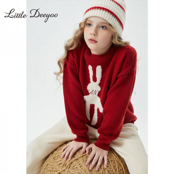 Girl's autumn/winter sweater, winter middle and large children's Korean version lazy style jacquard bottom knitted sweater