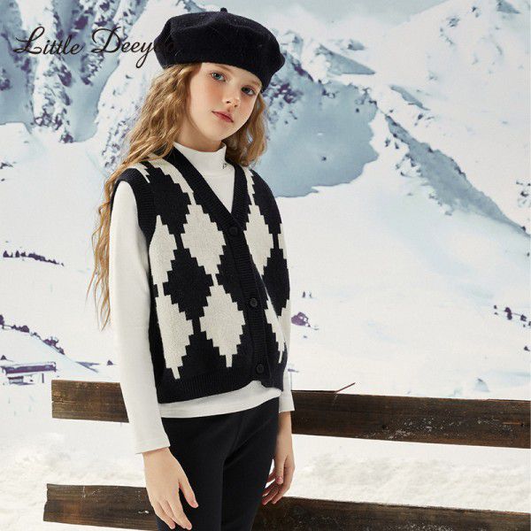 Girls' diamond grid knitted vest autumn/winter cardigan sweater with college style vest top