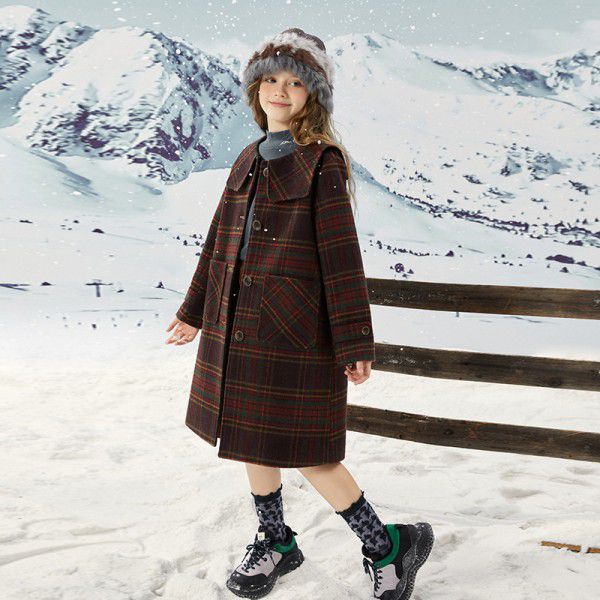 Girls' autumn/winter woolen coat, new winter style navy collar plaid woolen coat for big boys 